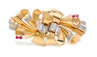 A Pair of Retro Rose Gold, Platinum, Ruby and Diamond Dressclips, 21.00 dwts.