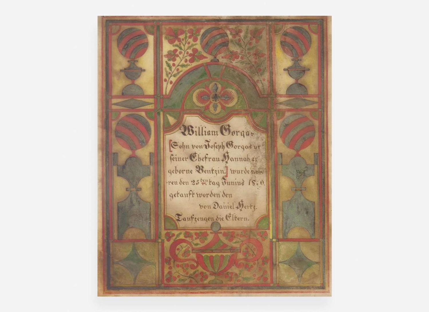 Samuel Bentz (1792-1850), Fraktur: Birth Record for the Gorgas Family