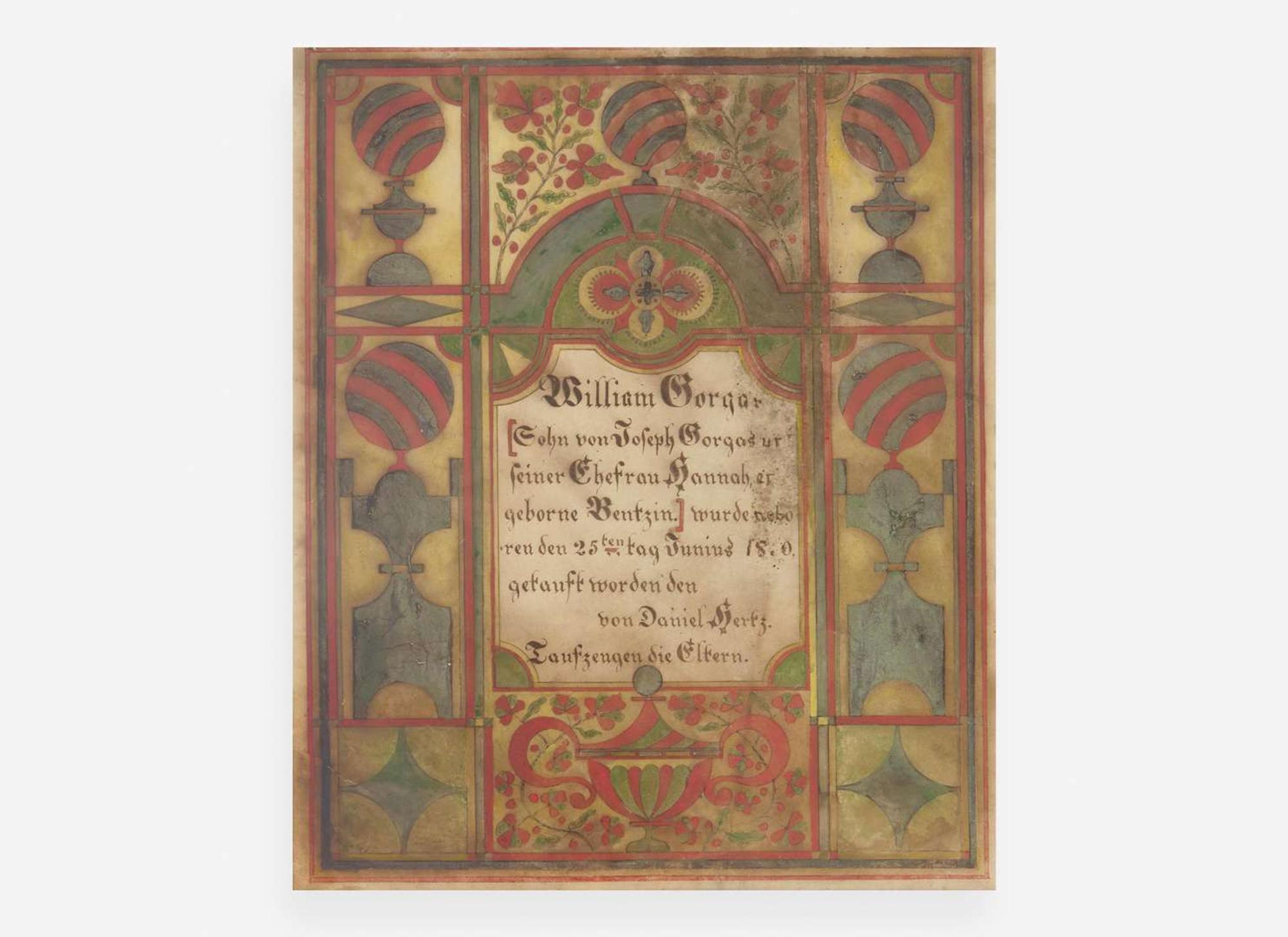 Samuel Bentz (1792-1850), Fraktur: Birth Record for the Gorgas Family