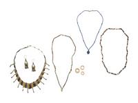 Four Egyptian Faience Bead Necklaces, Two Faience Bead Earrings, and Three Fossil Shell Hair Rings