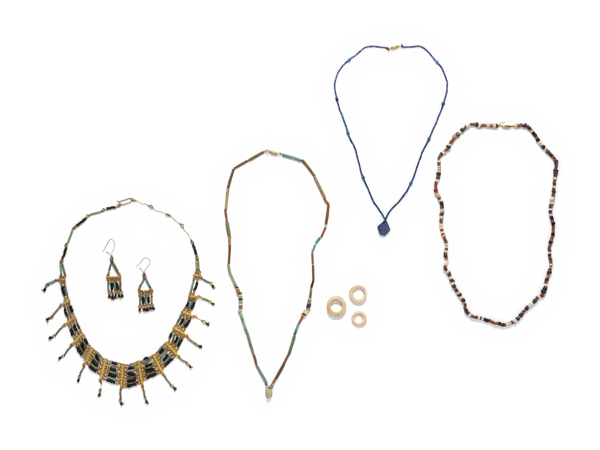 Four Egyptian Faience Bead Necklaces, Two Faience Bead Earrings, and Three Fossil Shell Hair Rings