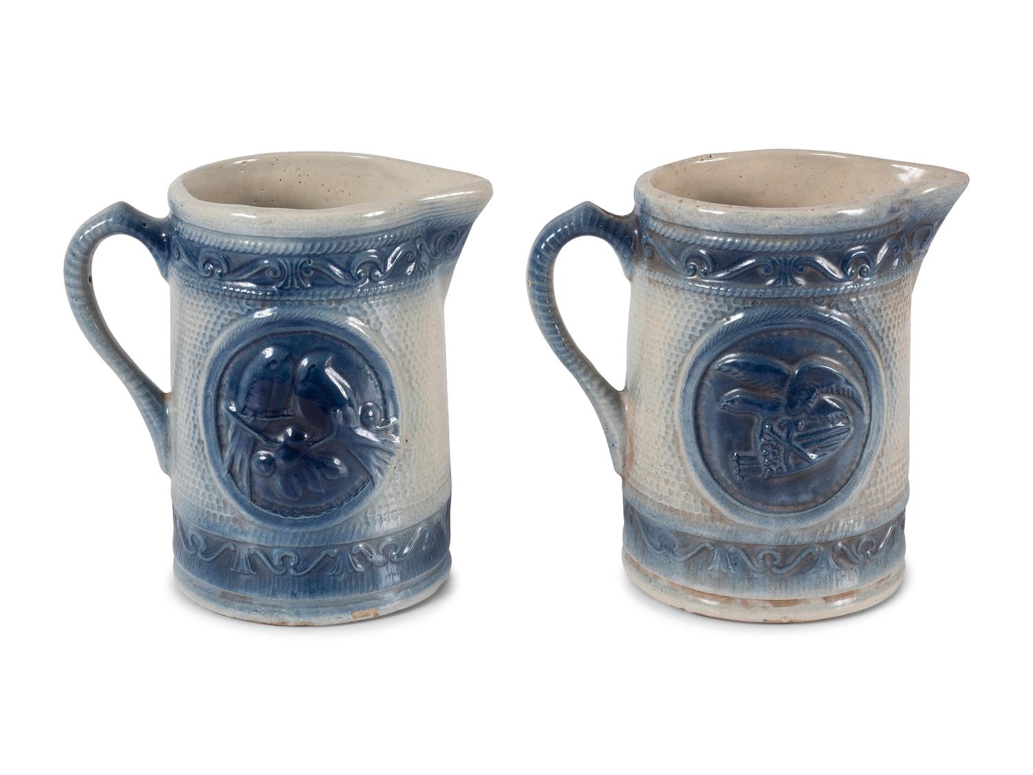 A Pair of Salt Glaze Stoneware Eagle and Bird Pitchers