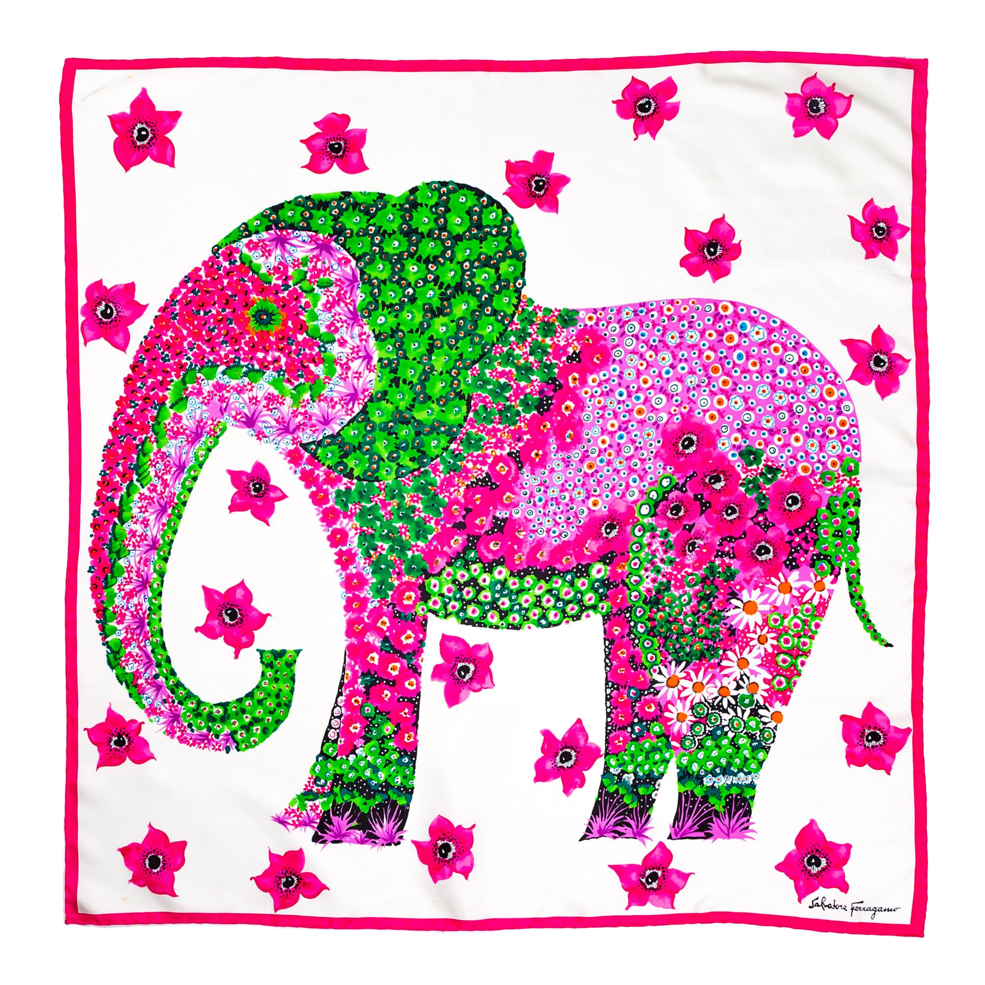A Salvatore Ferragamo Multicolor Silk Elephant Scarf, 34" x 34".