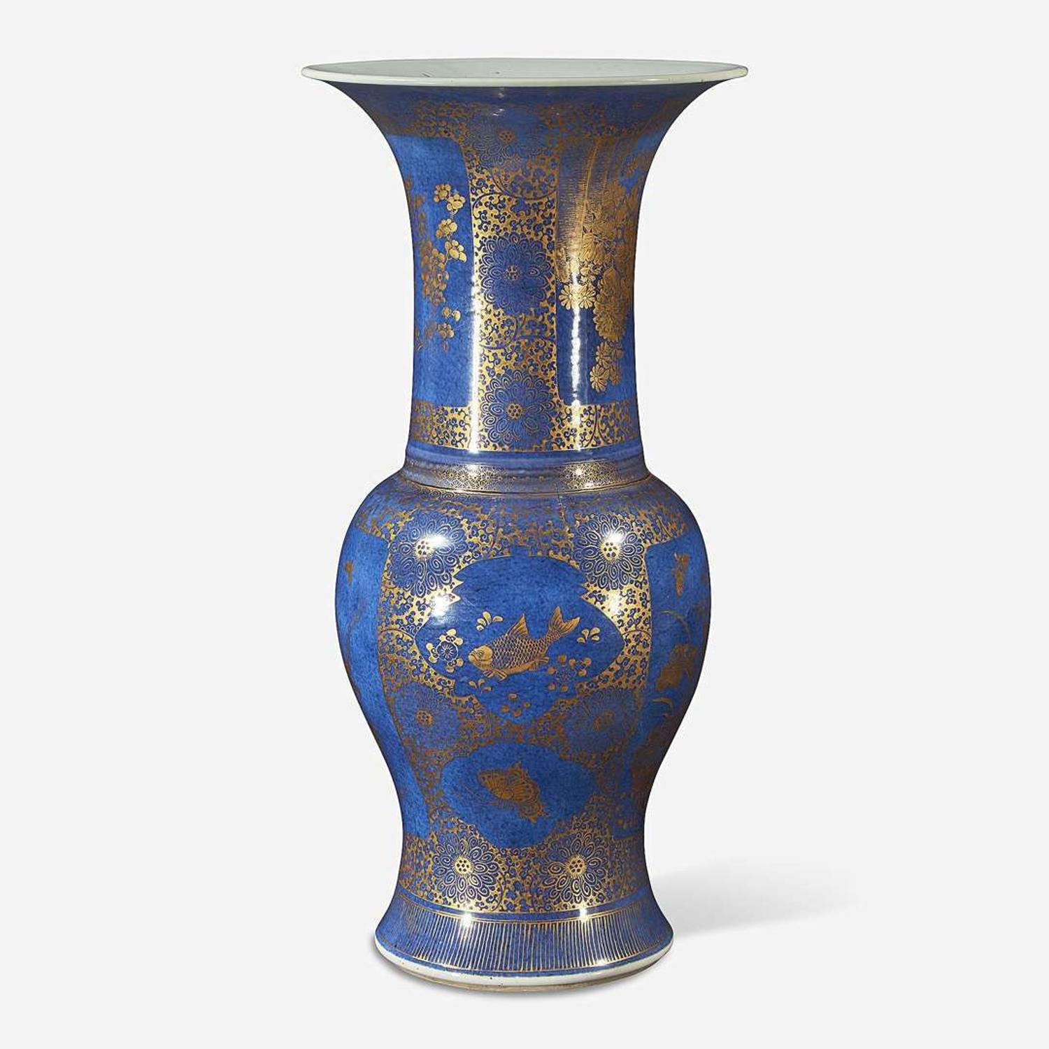 A Chinese gilt-decorated powder blue porcelain “Phoenix-tail” vase Kangxi period