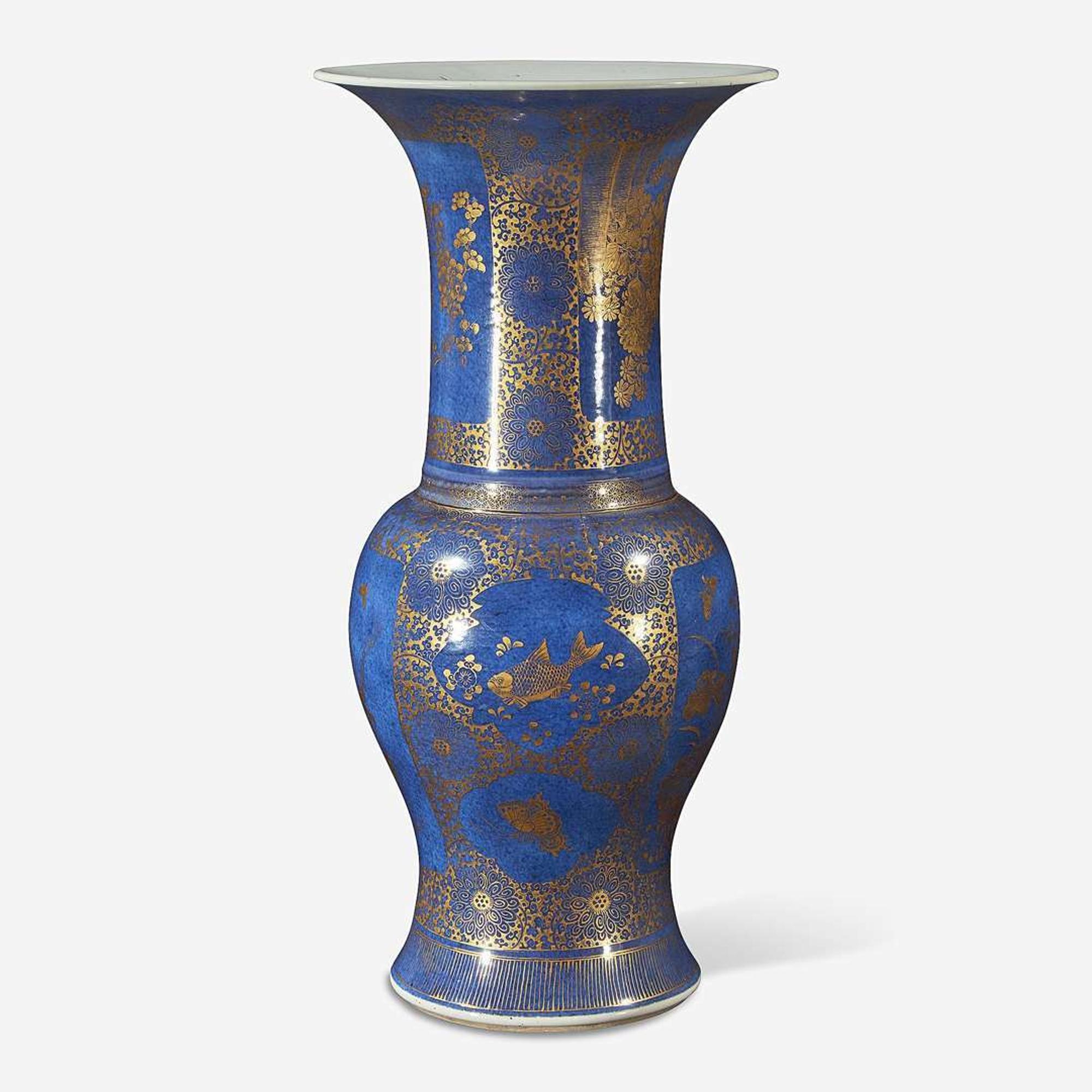 A Chinese gilt-decorated powder blue porcelain “Phoenix-tail” vase Kangxi period