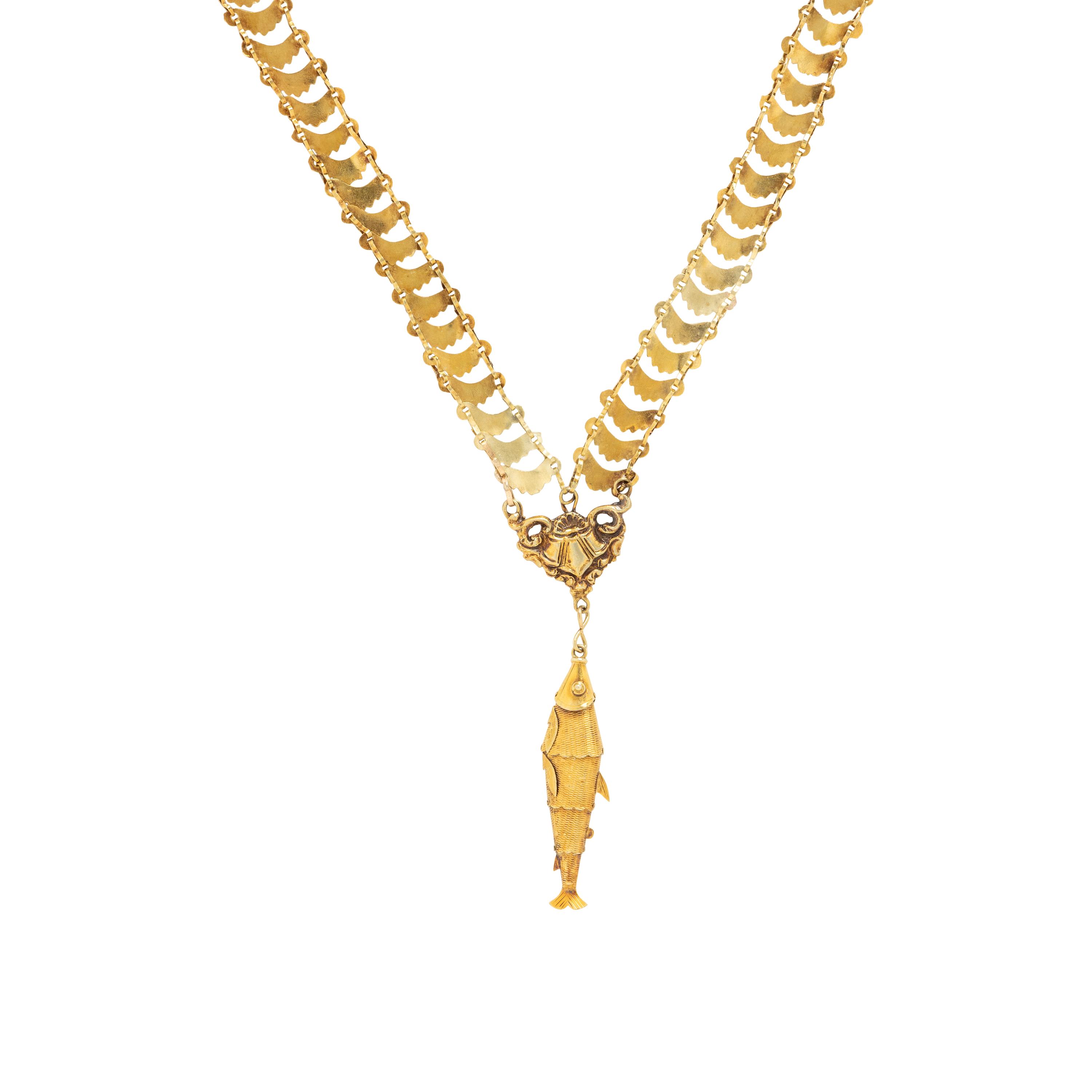 Yellow Gold Chain Necklace with Articulated Fish Pendant