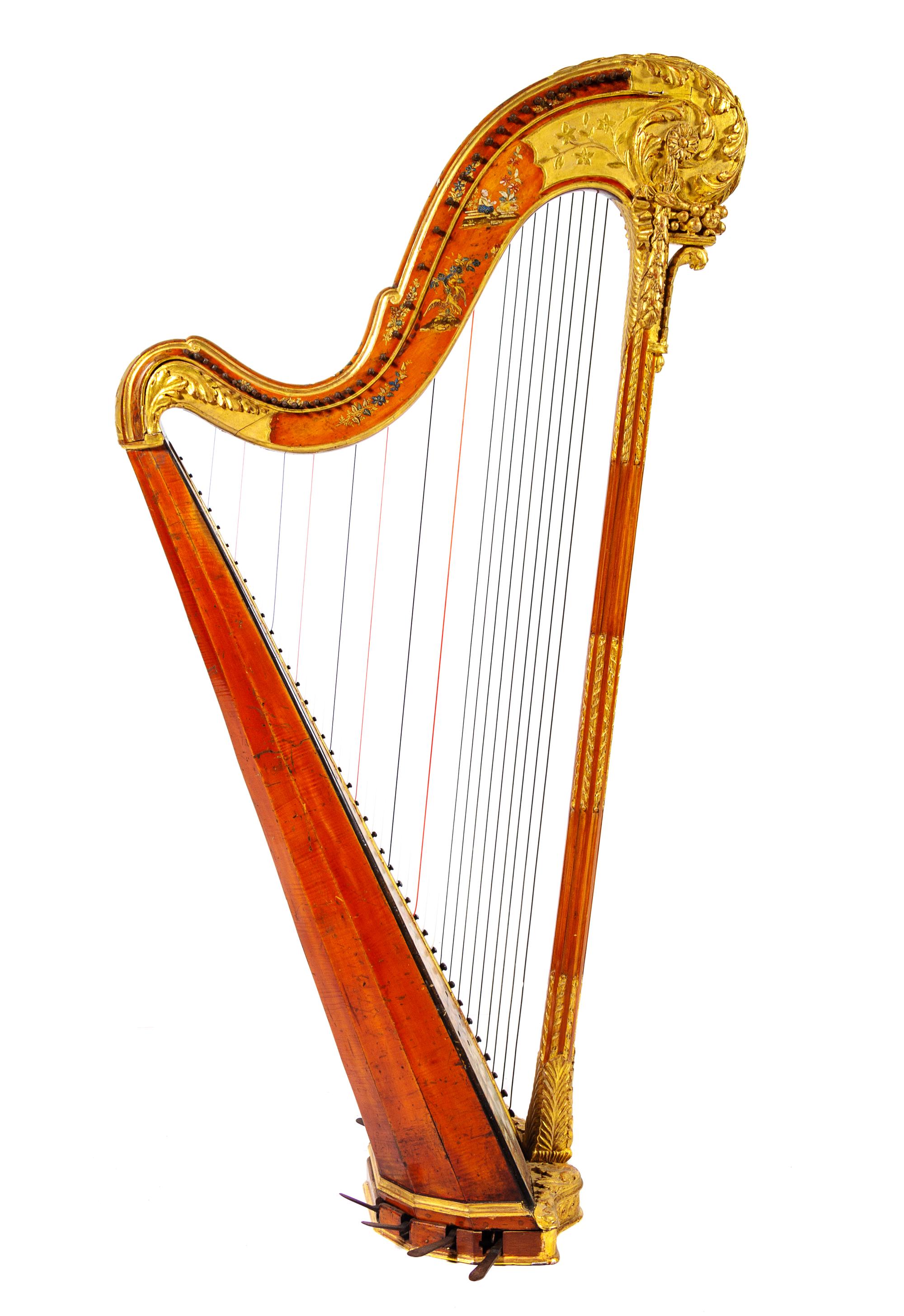 A Louis XVI Parcel Gilt and Painted Satinwood Harp