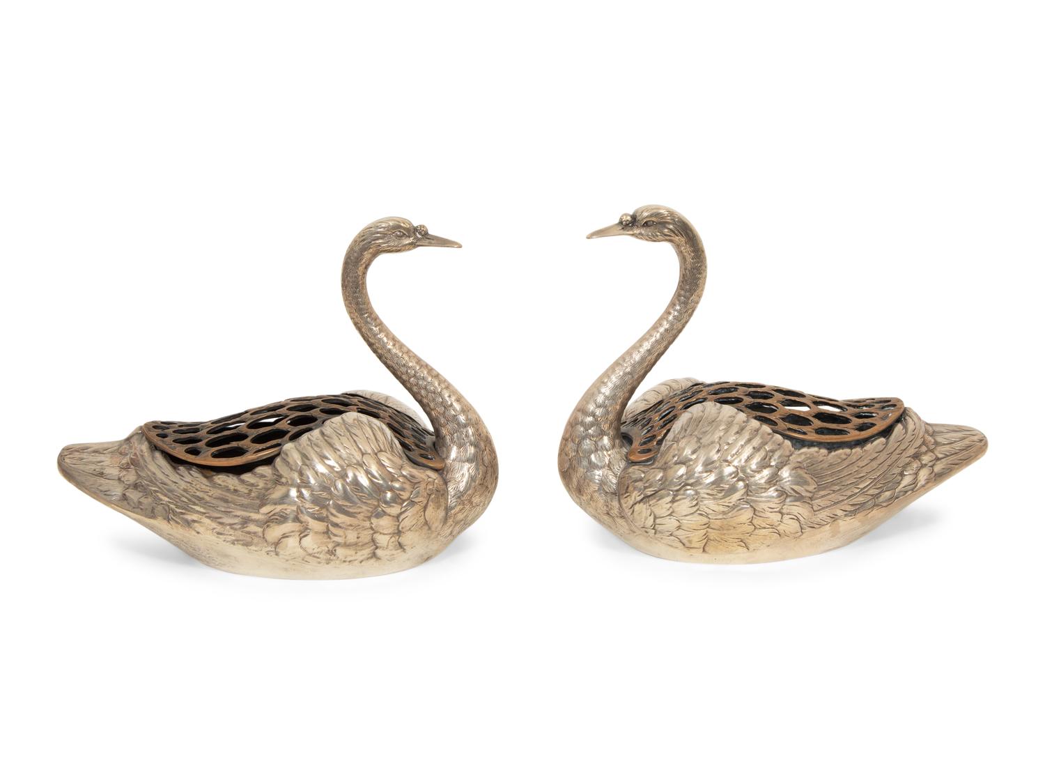 A Pair of American Silver Swan Table Ornaments