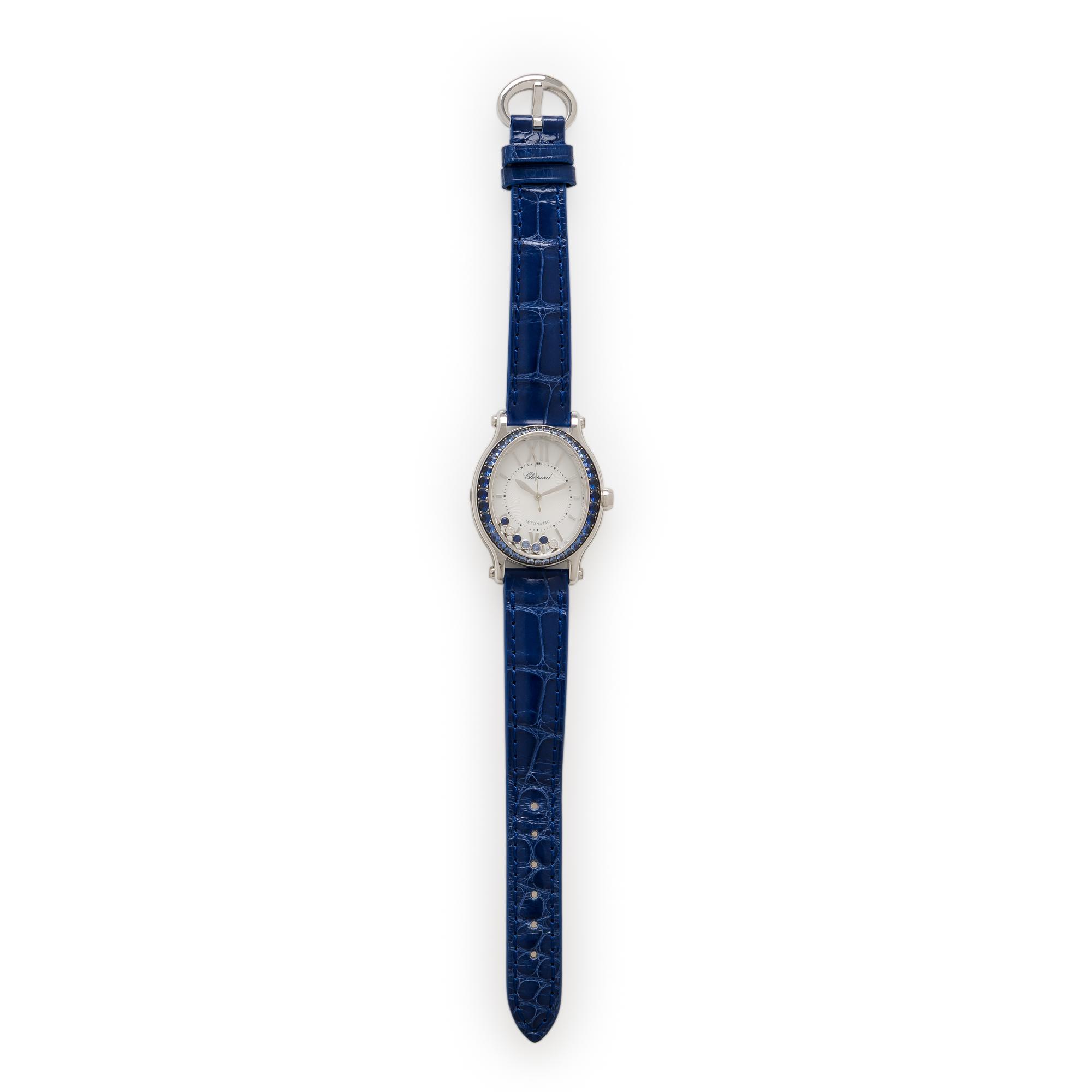 Chopard, 'Happy Sport', 18K White Gold, Sapphire, and Diamond Watch