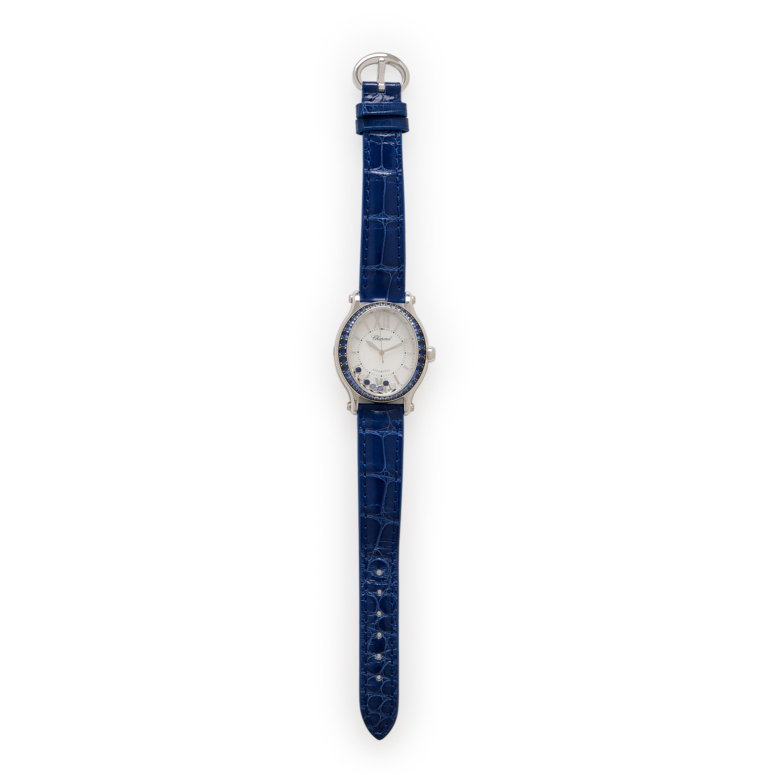Chopard, 'Happy Sport', 18K White Gold, Sapphire, and Diamond Watch