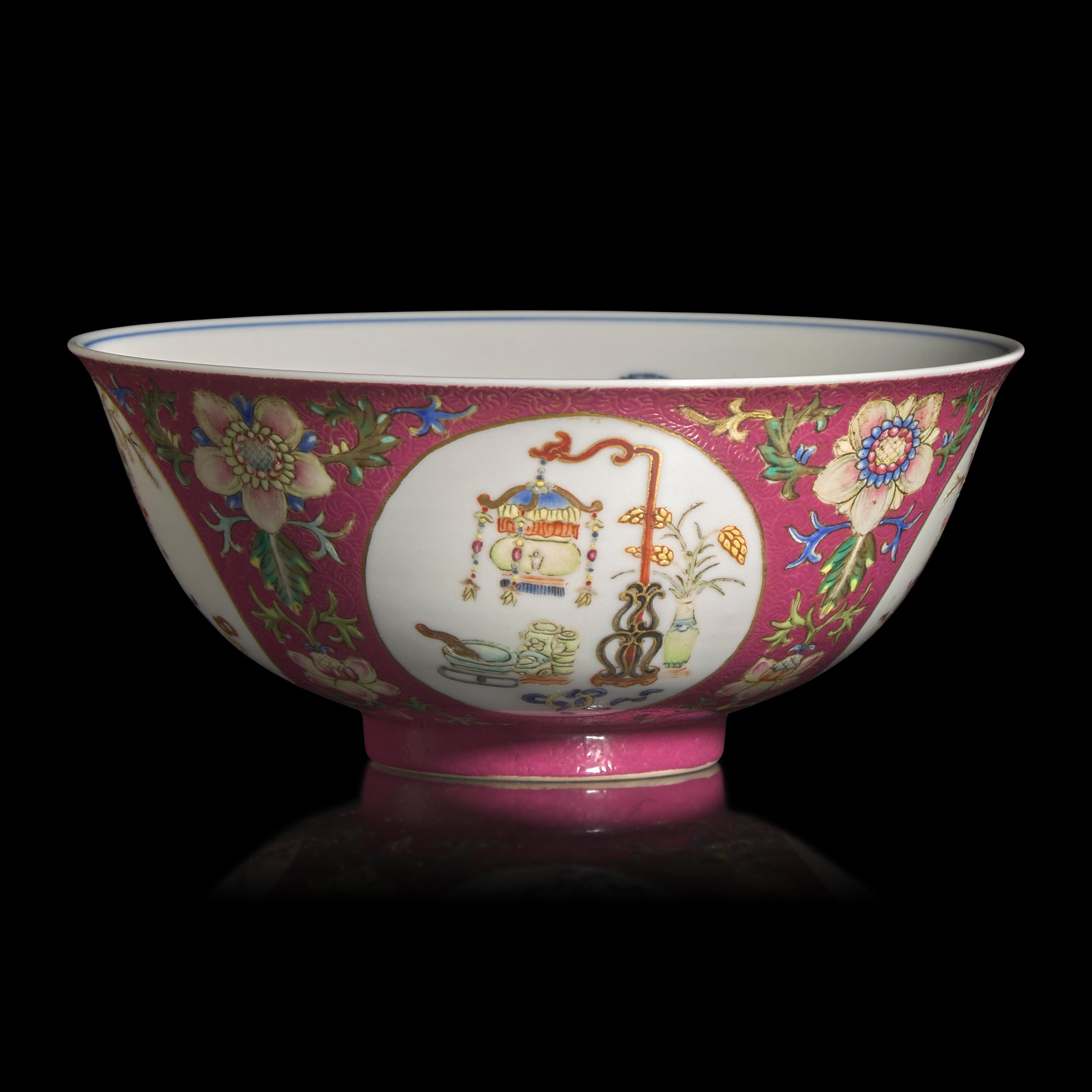A Chinese Famille-Rose Ruby-Ground Sgraffito 'Medallion' Bowl, Daoguang Mark and of the Period