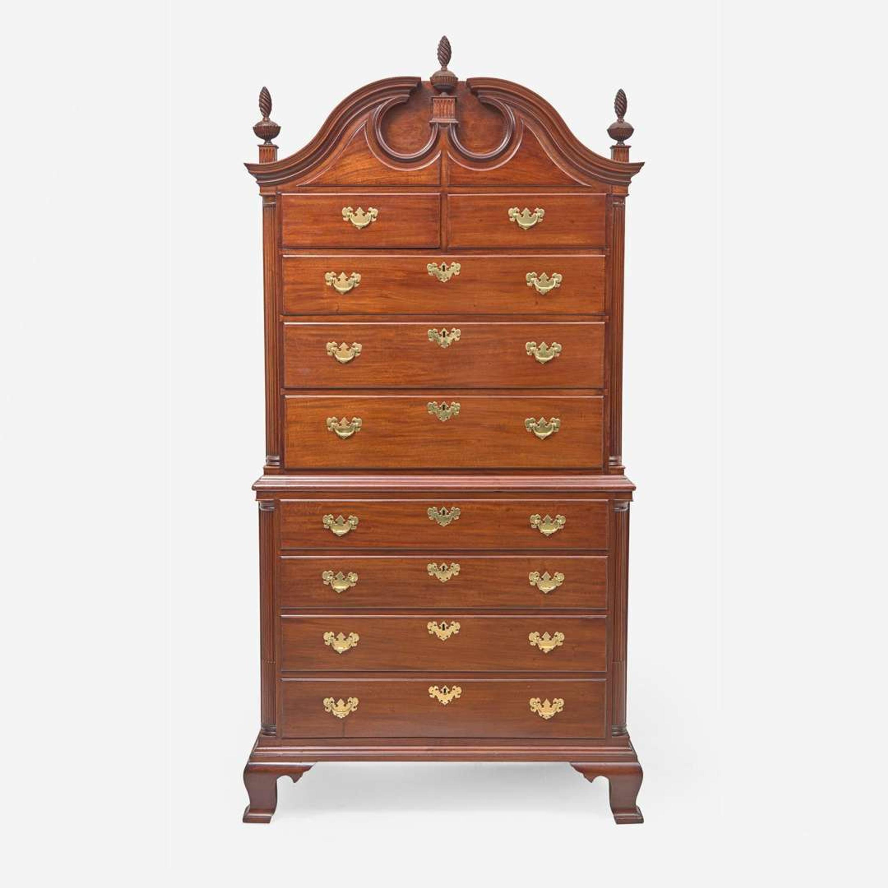 A Chippendale carved mahogany chest-on-chest Attributed to Ebenezer Allen, Jr. (1755-1793) & Cornelius Allen (1767-1835), New Bedford, MA, circa 1775