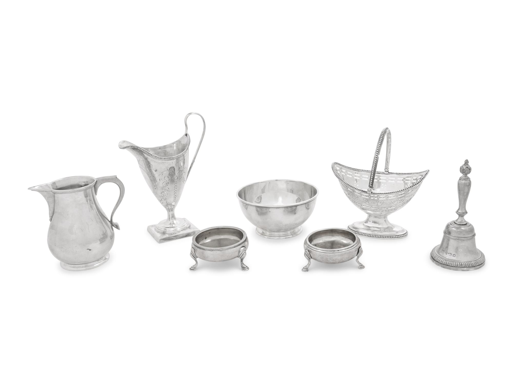 Six English Silver Open Salts with Five Other English Silver Articles