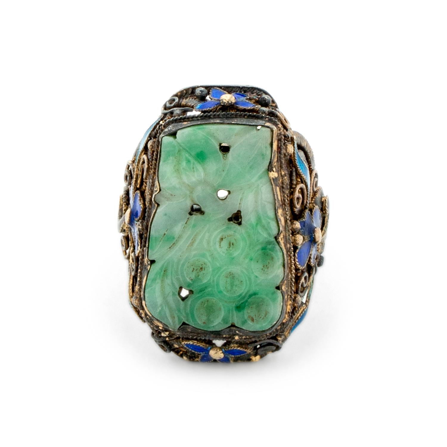 A Chinese Jadeite Inset Enamel on Silver Ring