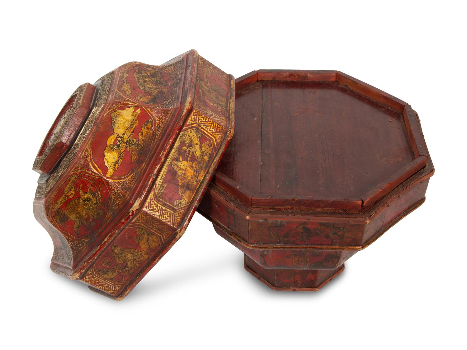 A Chinese Parcel Gilt Red Lacquer Octagonal Lidded Box