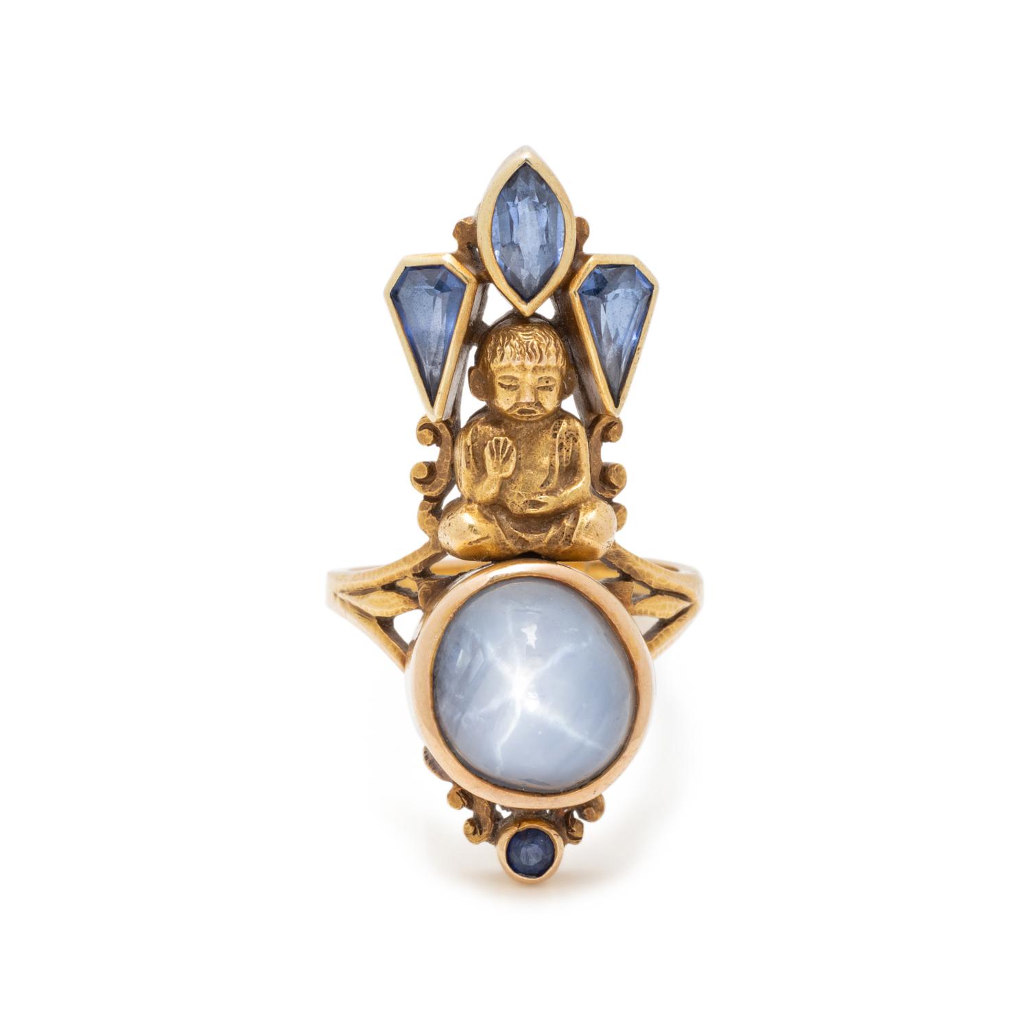 YELLOW GOLD, STAR SAPPHIRE AND SYNTHETIC SAPPHIRE RING