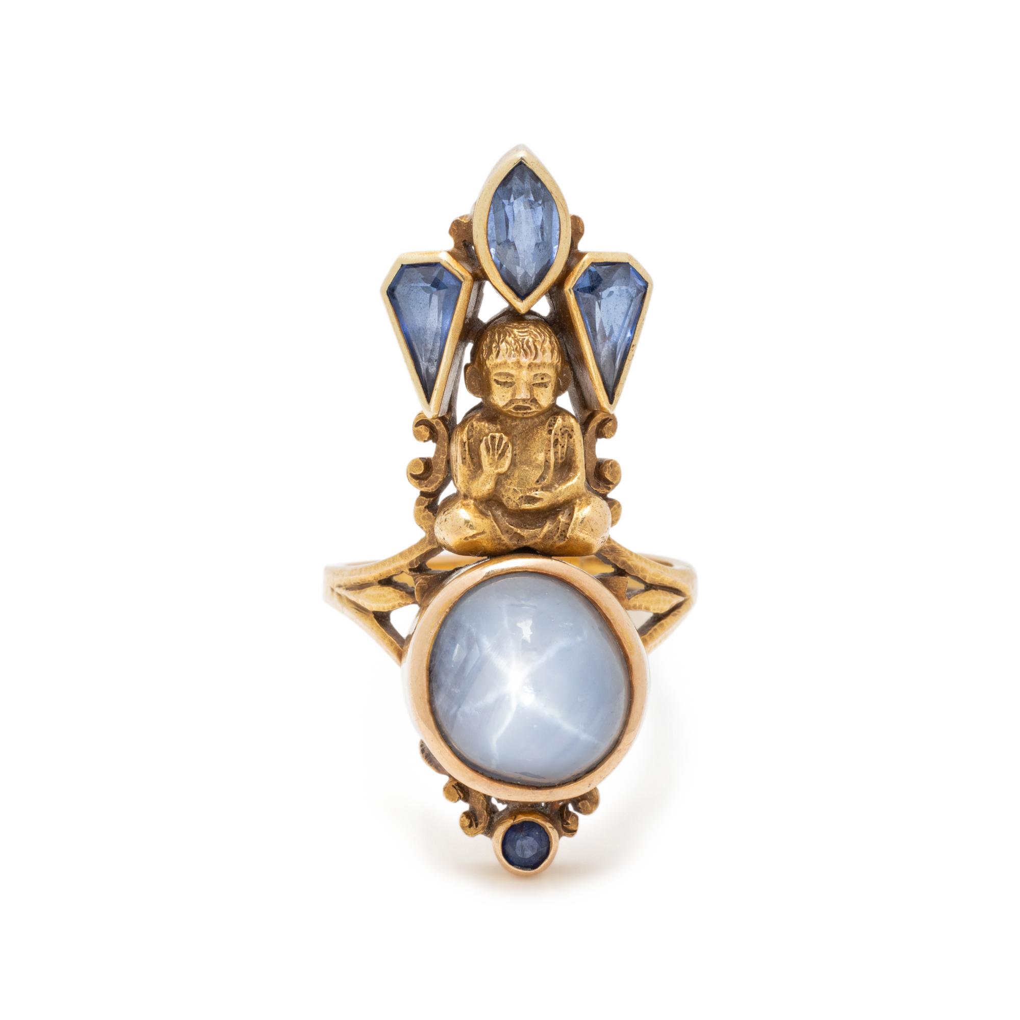 YELLOW GOLD, STAR SAPPHIRE AND SYNTHETIC SAPPHIRE RING