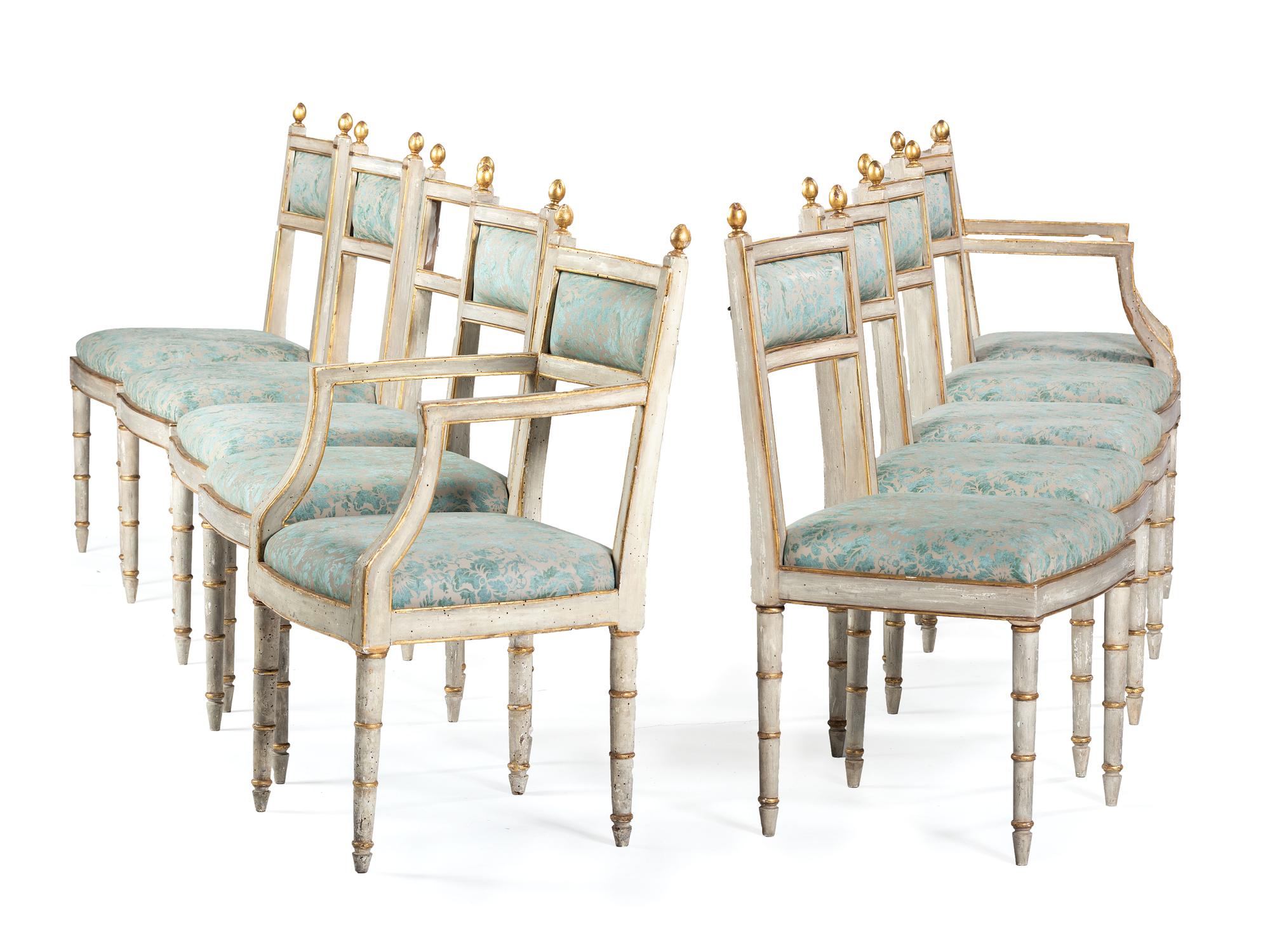 A Set of Ten Italian Painted and Parcel Gilt Dining Chairs with Fortuny Upholstery