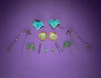 Five Pairs of Kingfisher Feather and Jadeite Embellished Hairpins
