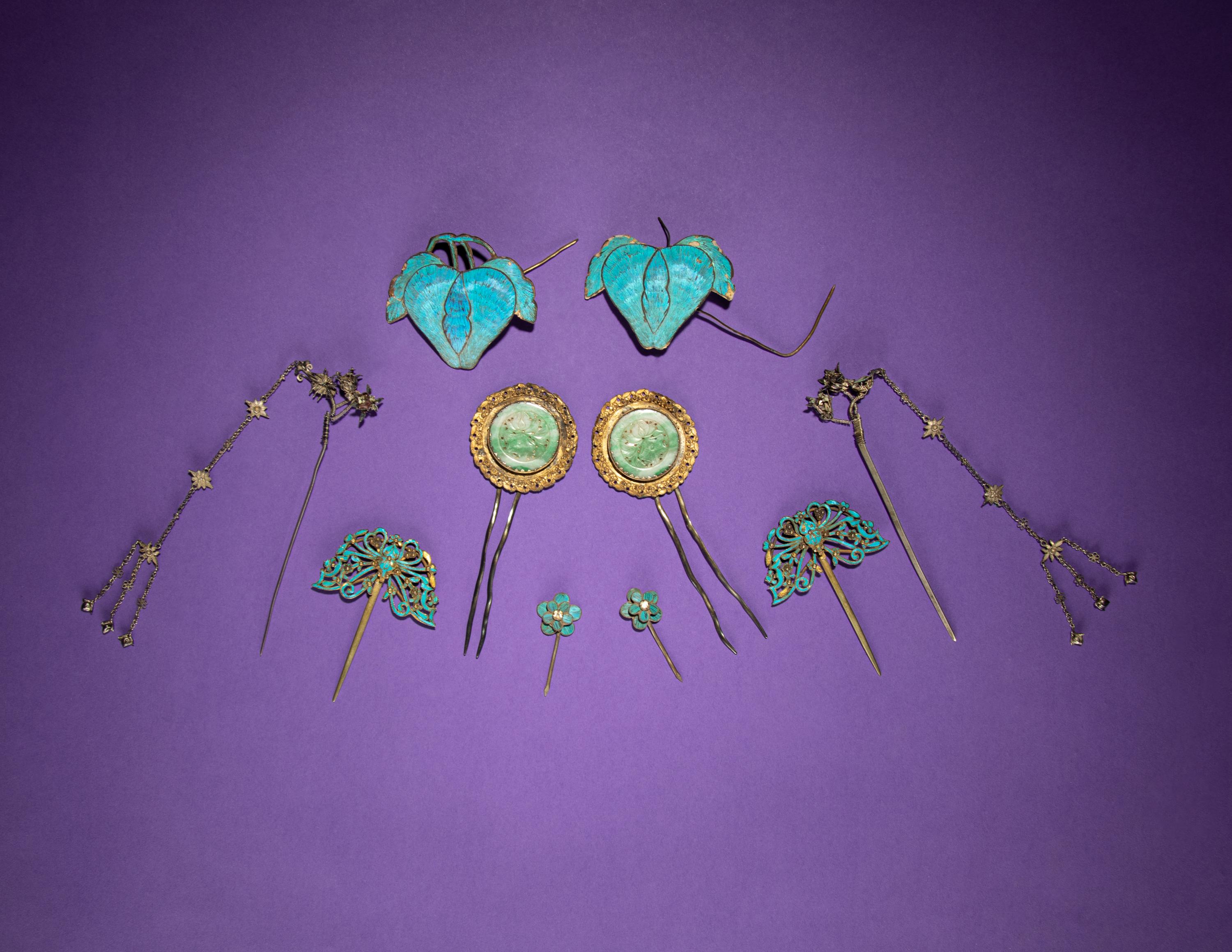 Five Pairs of Kingfisher Feather and Jadeite Embellished Hairpins