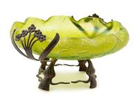 A Loetz Style Green Glass and Patinated Metal Mounted Bowl