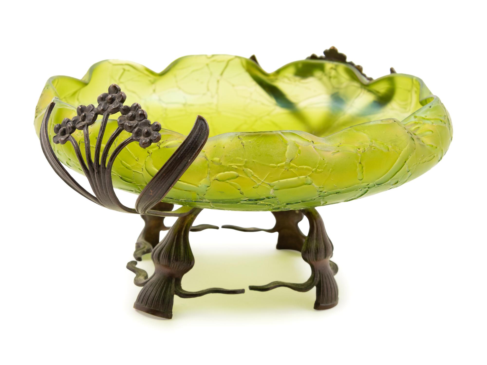 A Loetz Style Green Glass and Patinated Metal Mounted Bowl