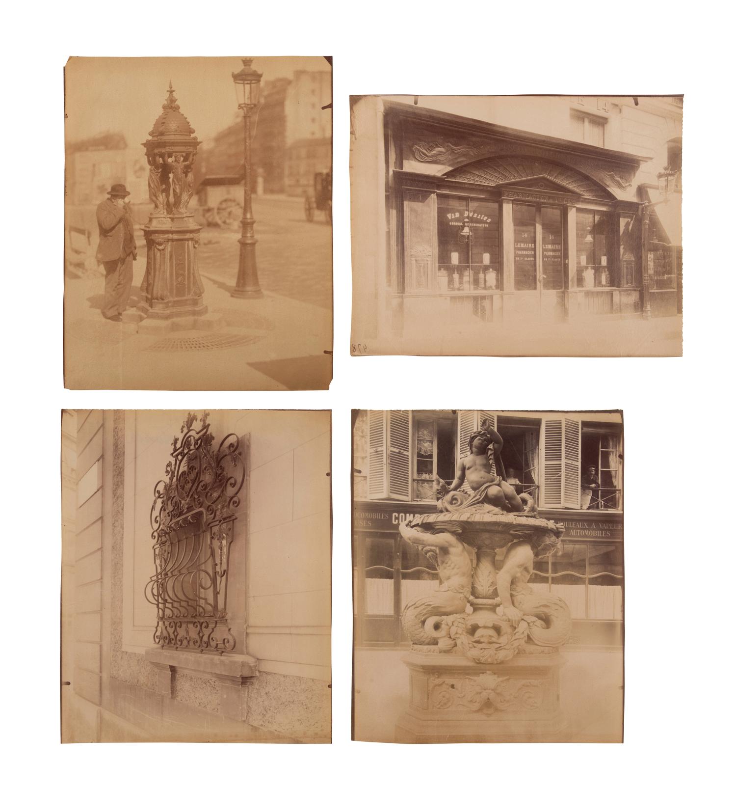 A group of four photographs ( Untitled [man at fountain], circa 1900s; Boutique empire, 14 rue de Grammont , 1903-1904; Hôtel de Neuville, rue Alphonse de Neuville, 1905-1906; Fontaine, faubourg Saint-Martin, 1912)
