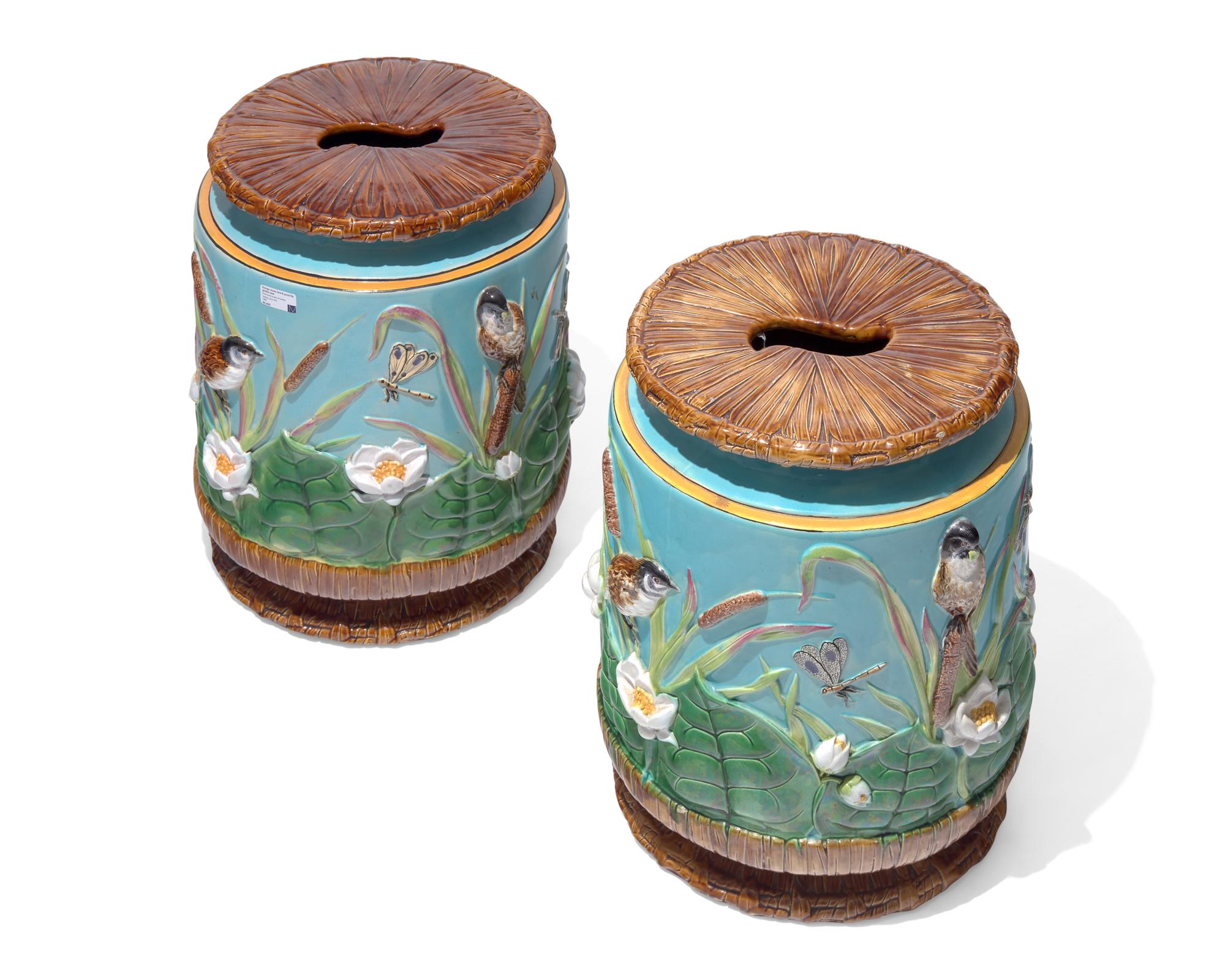 An assembled pair of English majolica "bird and pond" garden seat / stools, George Jones & Sons, Stoke, Stoke-on-Trent, bearing date marks for 1874-1875
