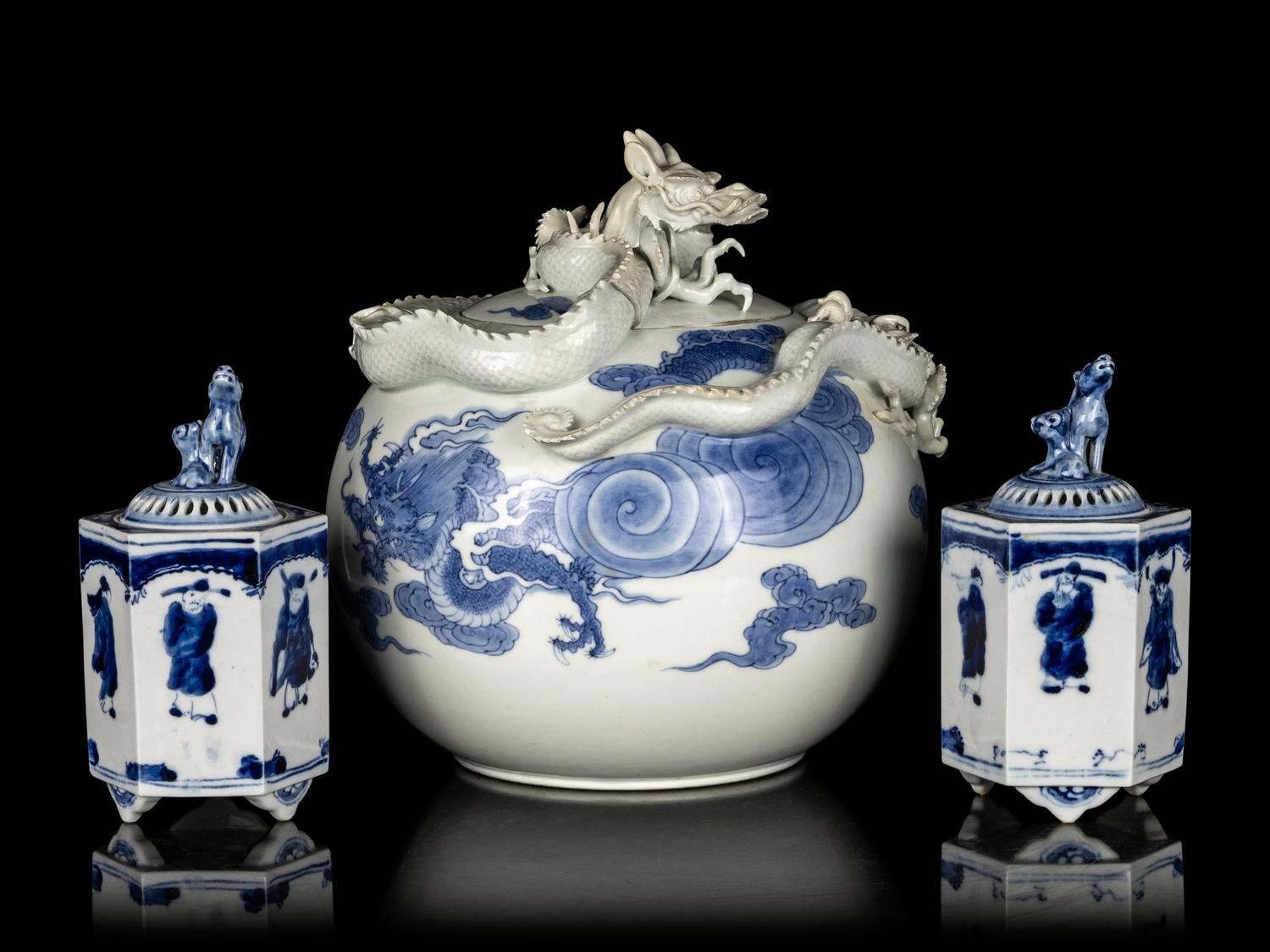 A Japanese Hirado-Style Blue and White Porcelain 'Dragon' Covered Jar and a Pair of Blue and White Porcelain Covered Incense Burners, Koro