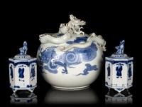 A Japanese Hirado-Style Blue and White Porcelain 'Dragon' Covered Jar and a Pair of Blue and White Porcelain Covered Incense Burners, Koro