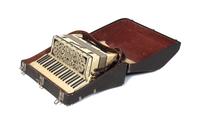 A Scandalli Loreto Accordion Height of case 17 3/4 x width 22 1/4 x depth 8 1/2 inches.