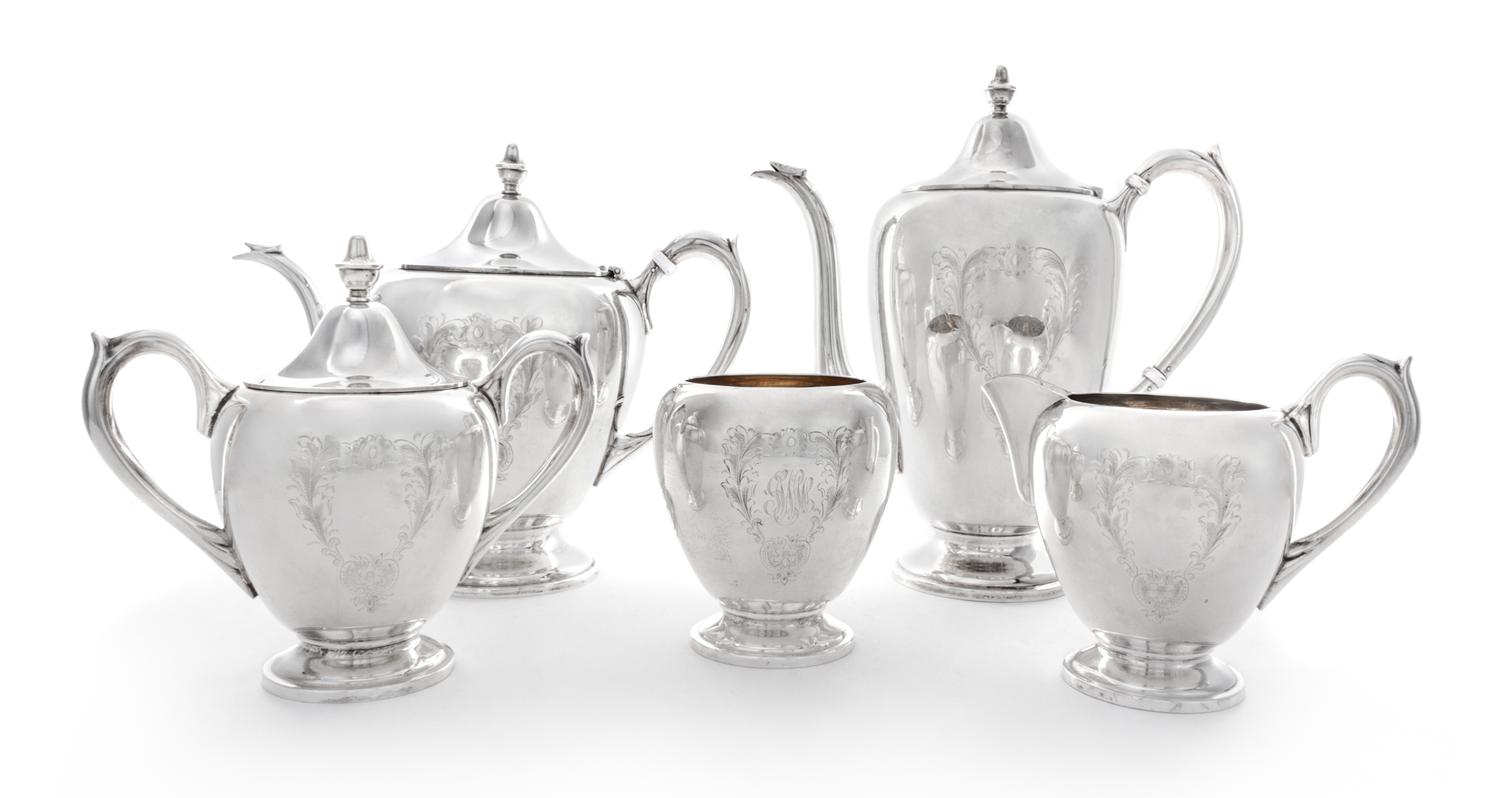 An American Silver Five-Piece Tea and Coffee Service, F.B. Rogers Silver Co., Taunton, MA, comprising a teapot, coffee pot, creamer, co