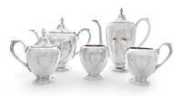 An American Silver Five-Piece Tea and Coffee Service, F.B. Rogers Silver Co., Taunton, MA, comprising a teapot, coffee pot, creamer, co