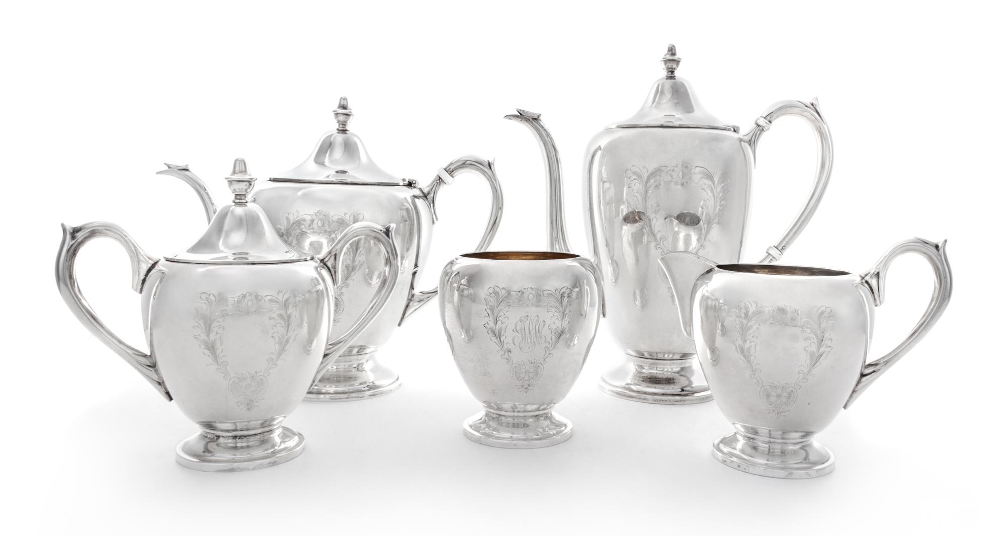 An American Silver Five-Piece Tea and Coffee Service, F.B. Rogers Silver Co., Taunton, MA, comprising a teapot, coffee pot, creamer, co