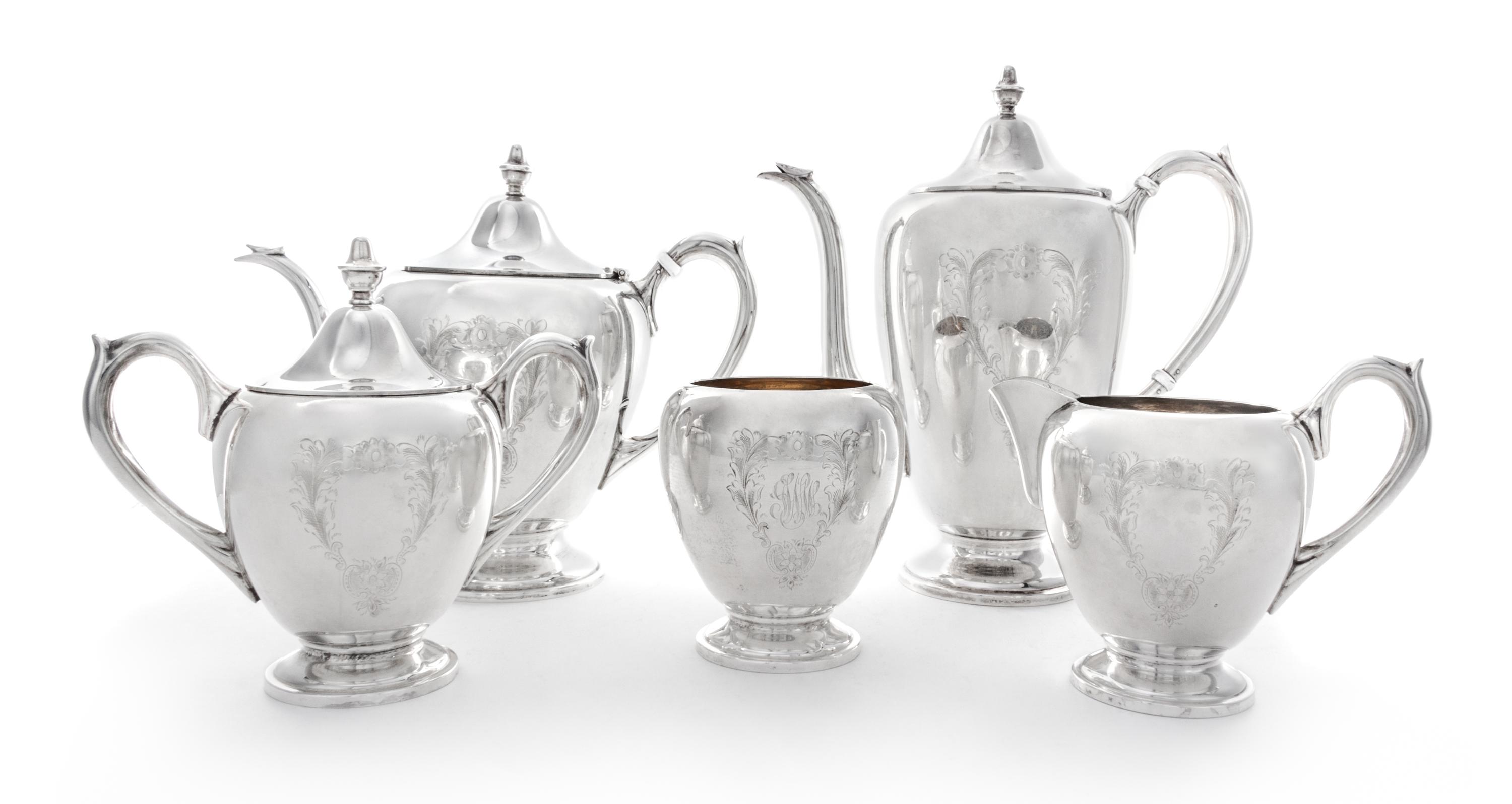 An American Silver Five-Piece Tea and Coffee Service, F.B. Rogers Silver Co., Taunton, MA, comprising a teapot, coffee pot, creamer, co