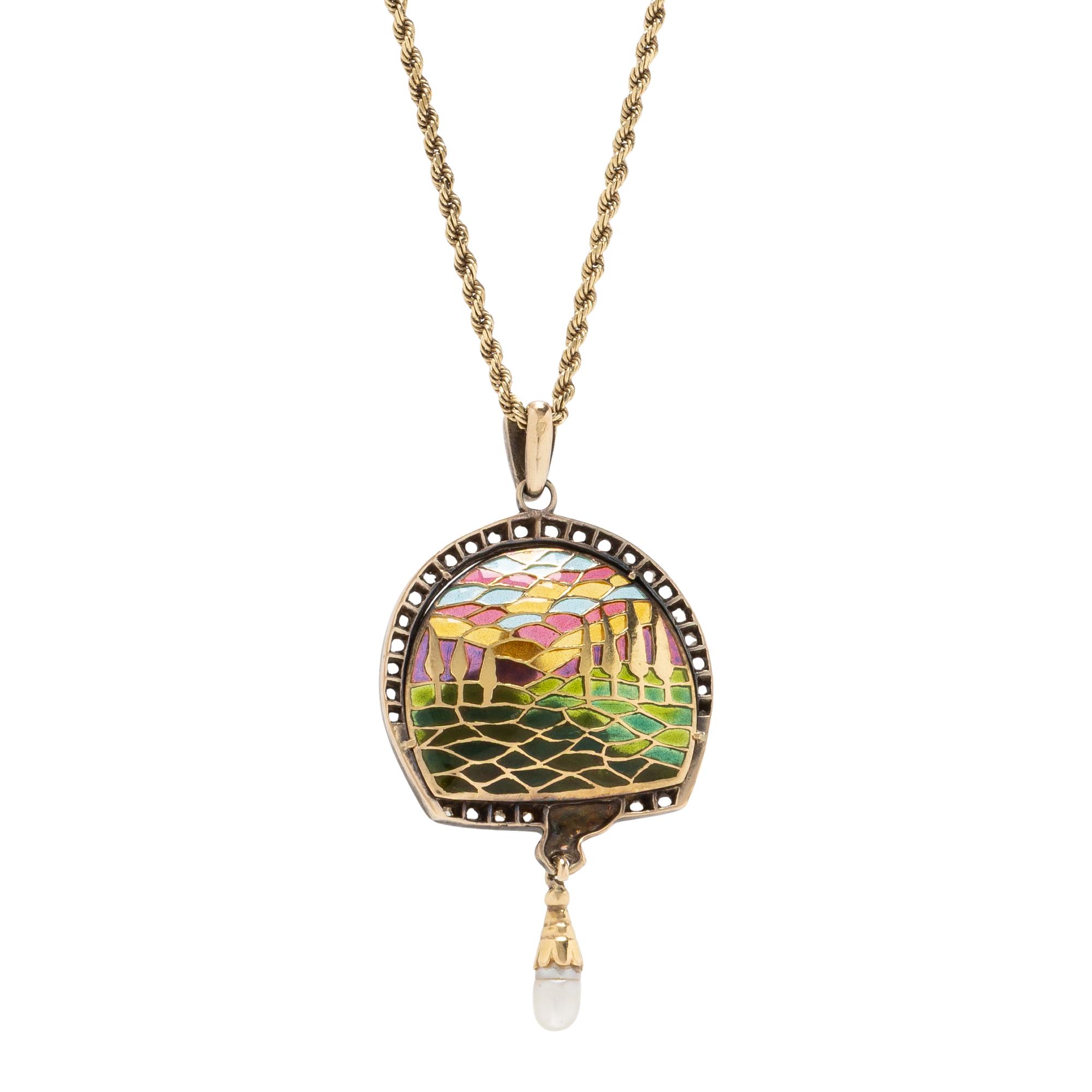 YELLOW GOLD, DIAMOND, CULTURED PEARL, AND PLIQUE- À-JOUR ENAMEL PENDANT NECKLACE