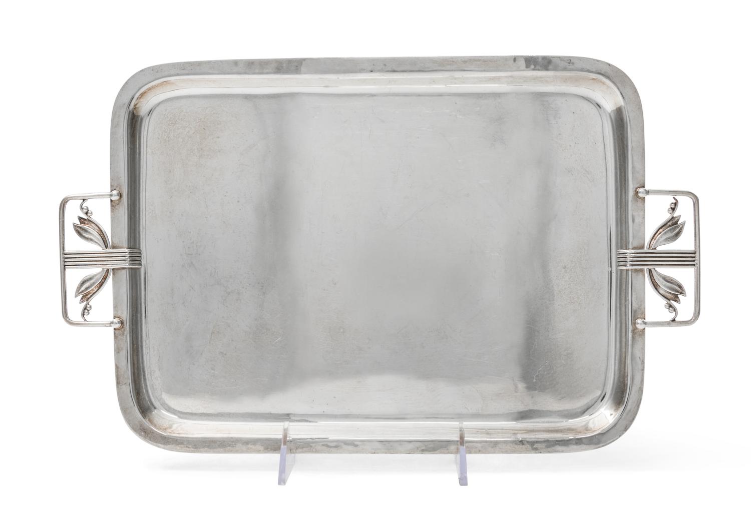 An American Arts and Crafts Silver Tray, Cellini Craft Ltd., Chicago, IL, of rectangular form with rounded corners and applied stylized