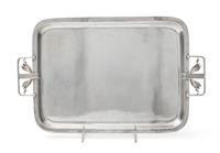 An American Arts and Crafts Silver Tray, Cellini Craft Ltd., Chicago, IL, of rectangular form with rounded corners and applied stylized