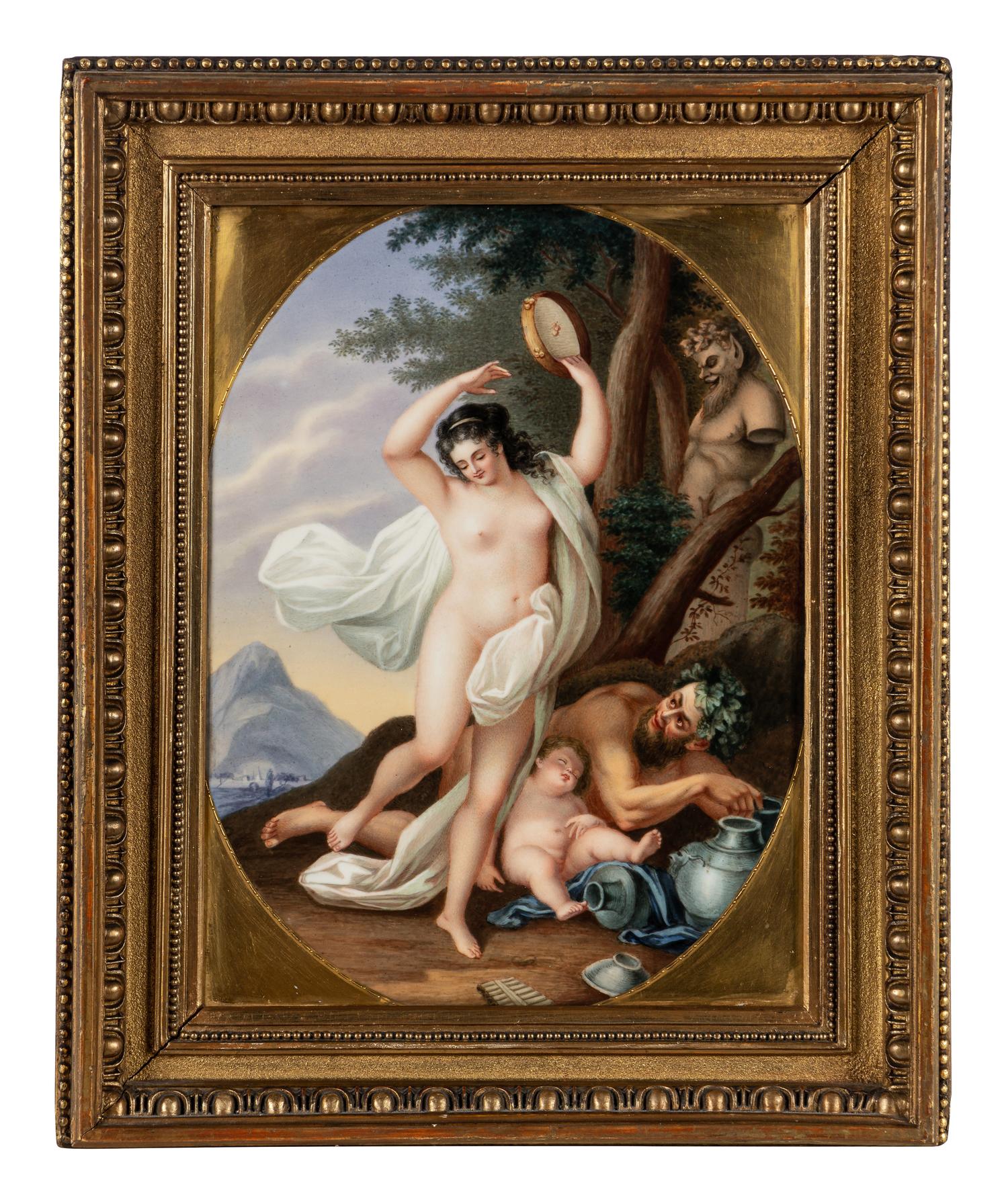 A Continental Porcelain Plaque Depicting Bacchante Playing the Tambourine
