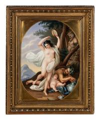 A Continental Porcelain Plaque Depicting Bacchante Playing the Tambourine