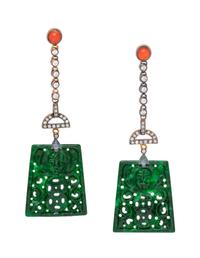 A Pair of Silver Topped Yellow Gold, Jade, Coral and Diamond Earrings,