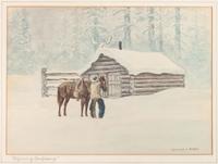 Group of Four Watercolors, Riders in a Blizzard , Cowpony in Winter , Picking up the Orphan Calf and Wyoming Cowpcamp