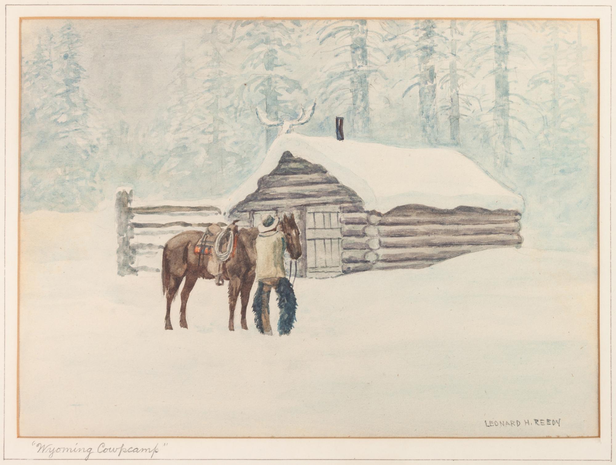 Group of Four Watercolors, Riders in a Blizzard , Cowpony in Winter , Picking up the Orphan Calf and Wyoming Cowpcamp