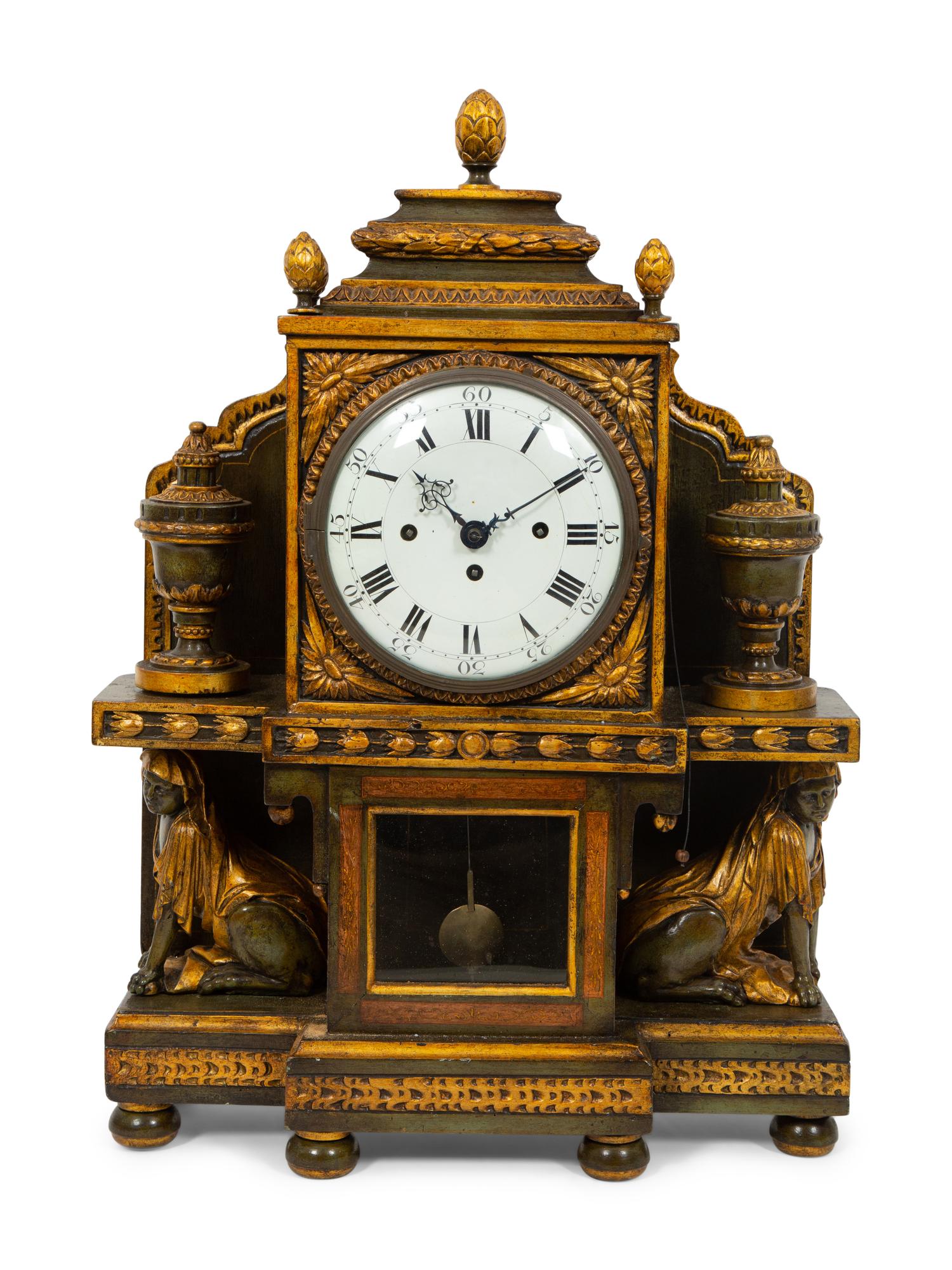 A South German Painted and Parcel Gilt Mantel Clock
