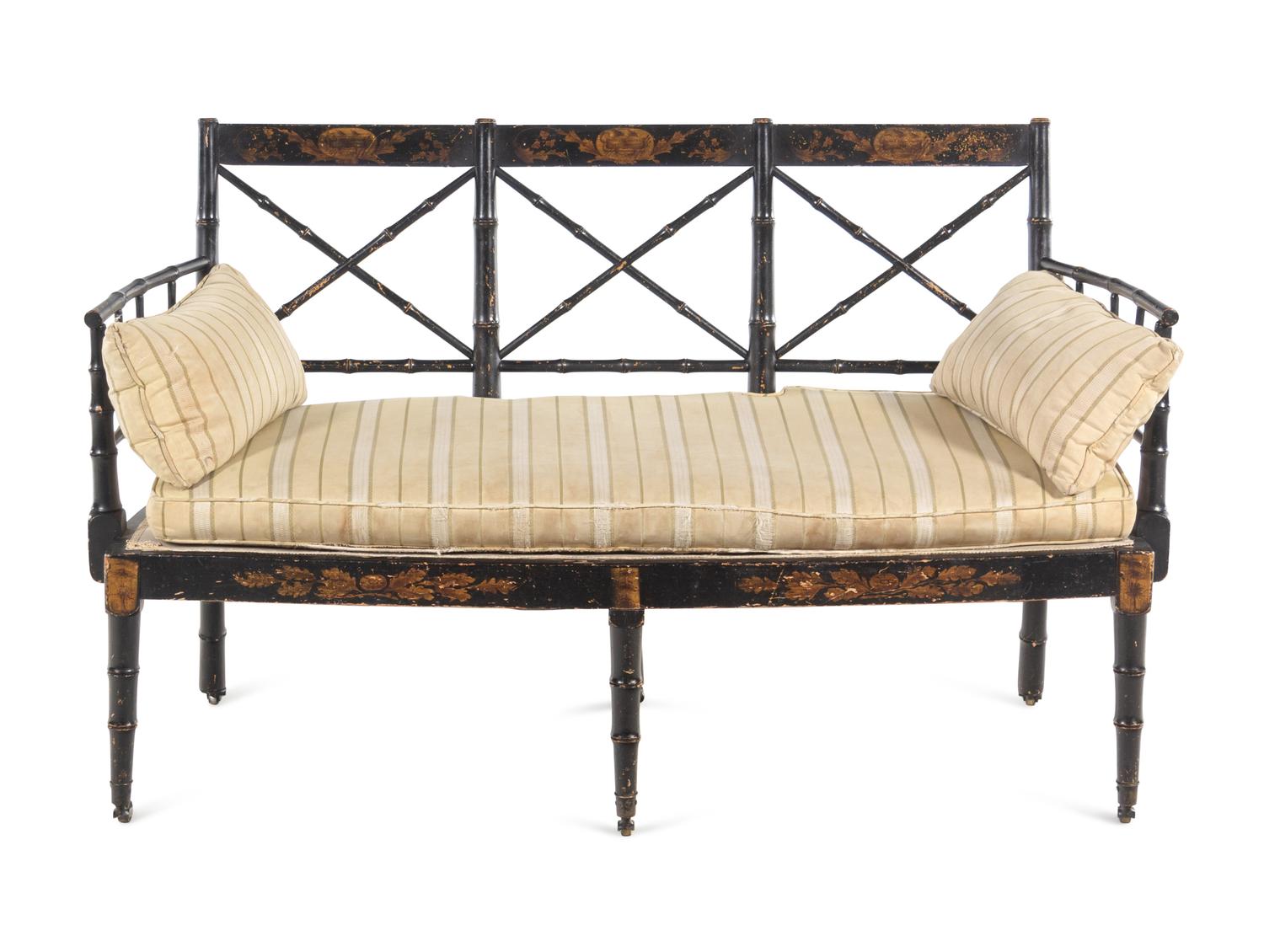 A Regency Black-Painted and Stencil-Decorated Settee