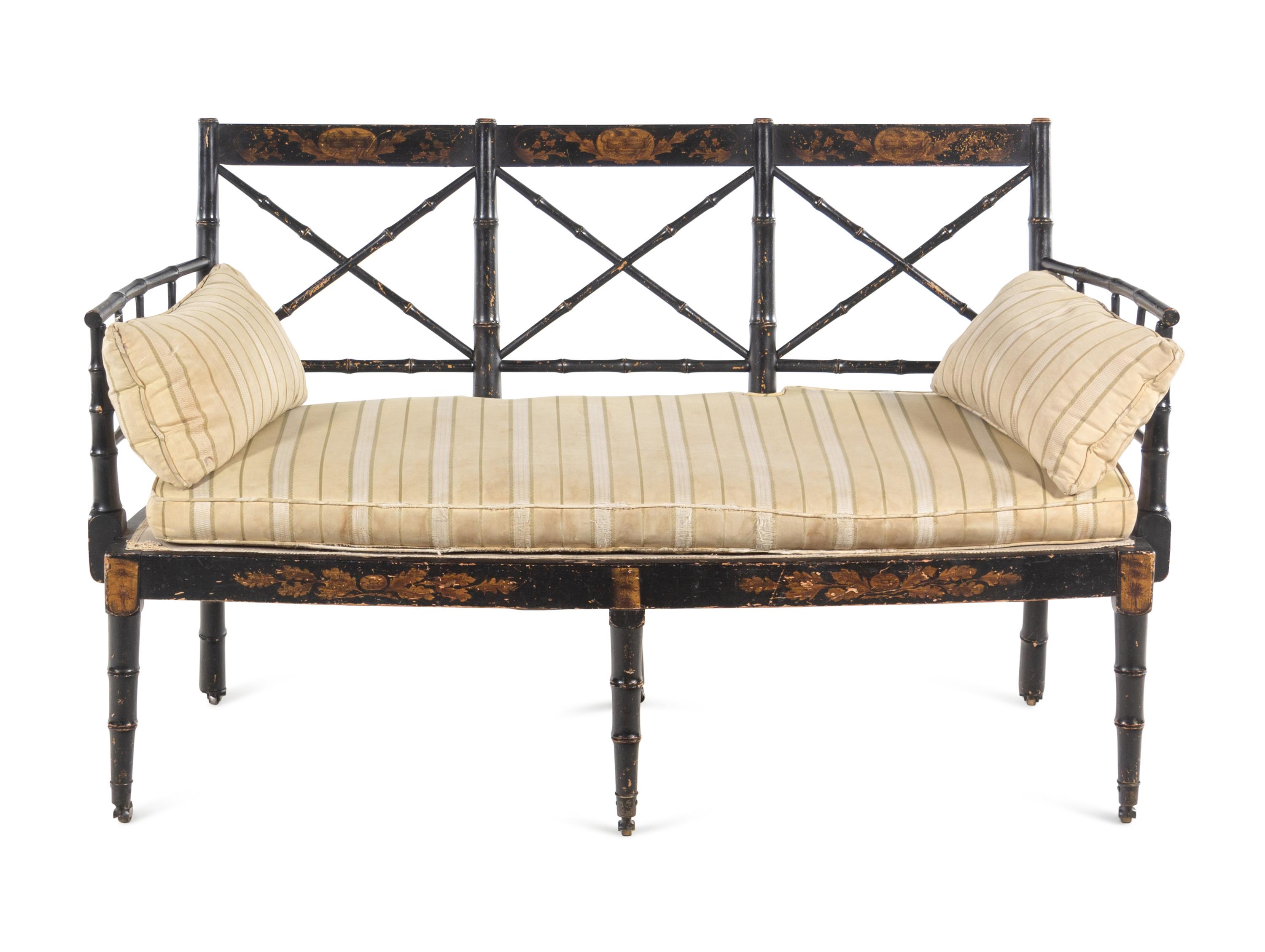 A Regency Black-Painted and Stencil-Decorated Settee