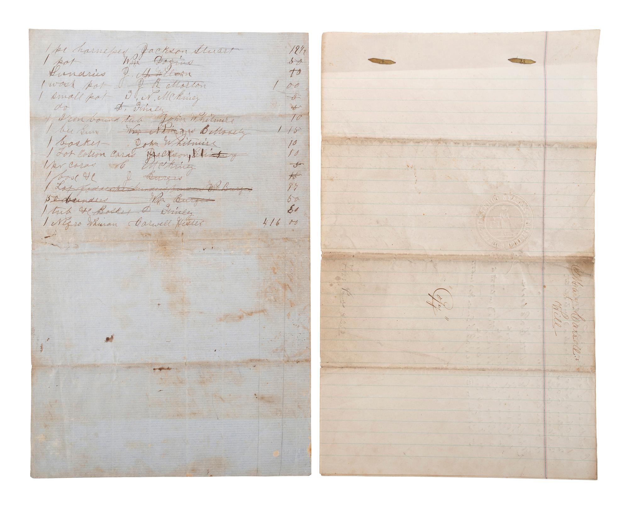 [SLAVERY & ABOLITION]. A group of 2 documents related to female South Carolina enslavers, comprising:
