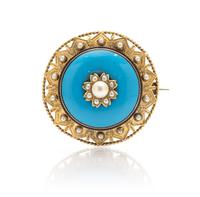 A 14 Karat Yellow Gold, Enamel and Pearl Brooch, 12.50 dwts.