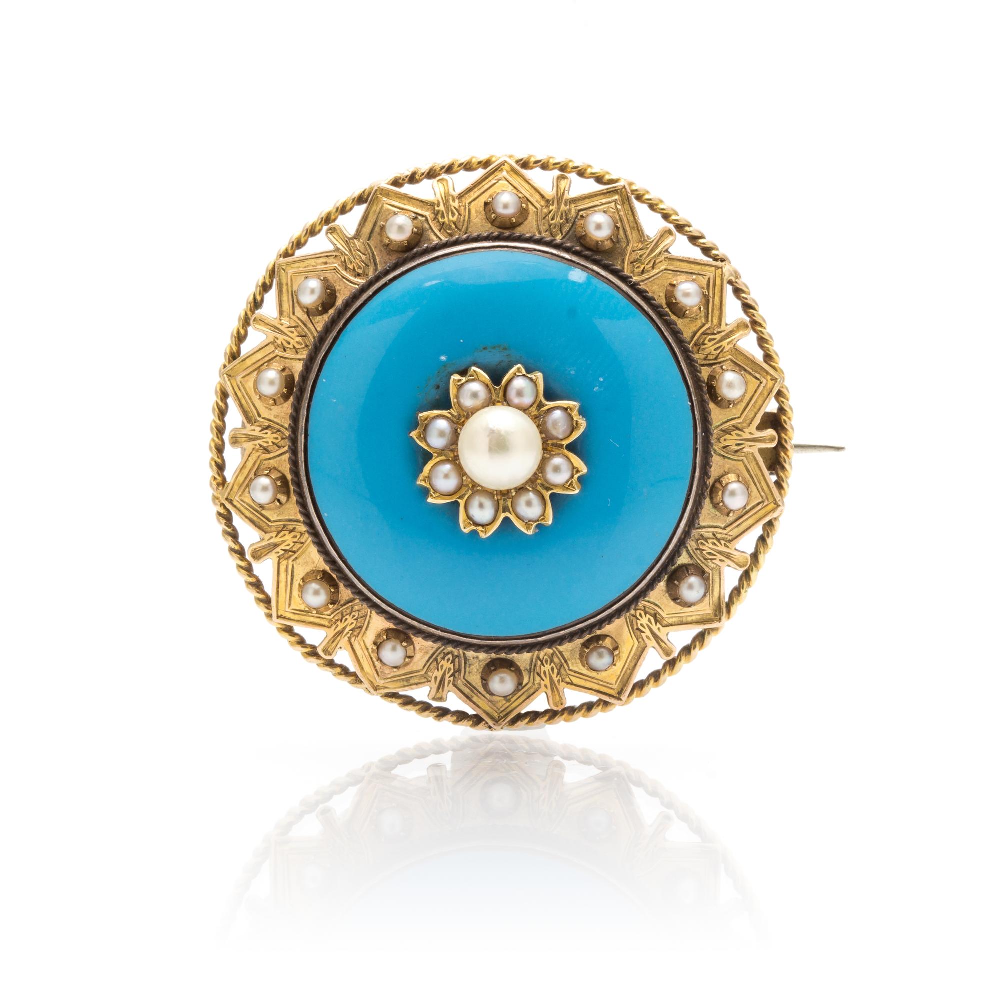 A 14 Karat Yellow Gold, Enamel and Pearl Brooch, 12.50 dwts.