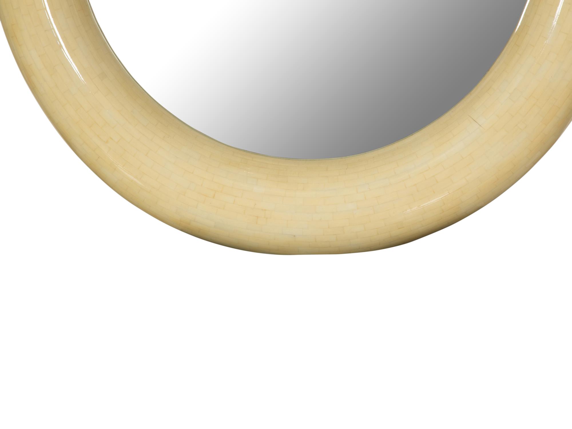 A Mid-Century Tesselated Bone and Brass Circular Mirror